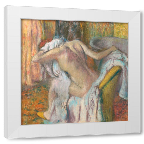 After the Bath- Woman Drying Herself White Modern Wood Framed Art Print by Degas, Edgar
