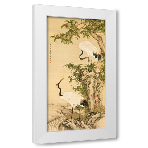 Cranes, Peach Tree, and Chinese Roses  White Modern Wood Framed Art Print by Anonymous
