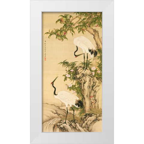 Cranes, Peach Tree, and Chinese Roses  White Modern Wood Framed Art Print by Anonymous