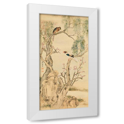Birds on flowered branches White Modern Wood Framed Art Print by Anonymous