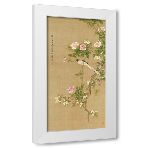 Flowers and Birds  White Modern Wood Framed Art Print by Anonymous