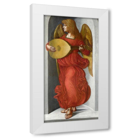 An Angel in Red with a Lute White Modern Wood Framed Art Print by After Leonardo da Vinci
