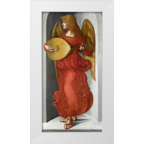 An Angel in Red with a Lute White Modern Wood Framed Art Print by After Leonardo da Vinci