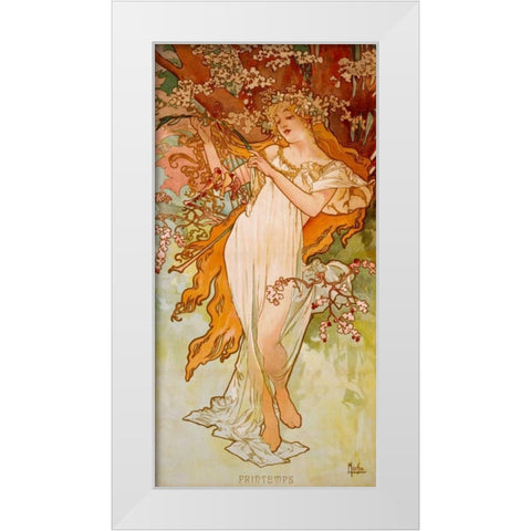 Printemps White Modern Wood Framed Art Print by Mucha, Alphonse