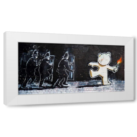 Stokes Croft Road, Bristol (graffiti attributed to Banksy) White Modern Wood Framed Art Print by Anonymous (attributed to Banksy)