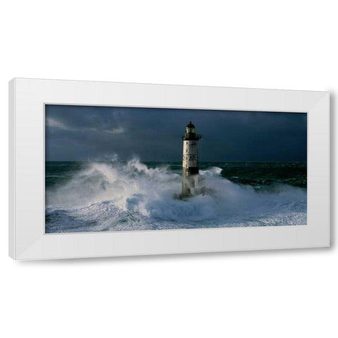 Phare d Ar-Men lors d une tempete White Modern Wood Framed Art Print by Guichard, Jean
