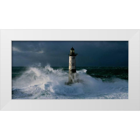 Phare d Ar-Men lors d une tempete White Modern Wood Framed Art Print by Guichard, Jean