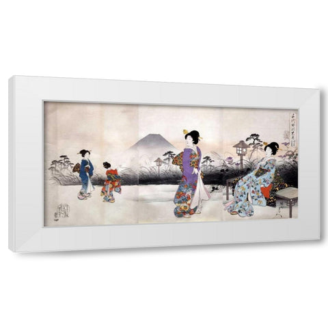 Japonaises en promenade devant le mont Fuji White Modern Wood Framed Art Print by Toyohara