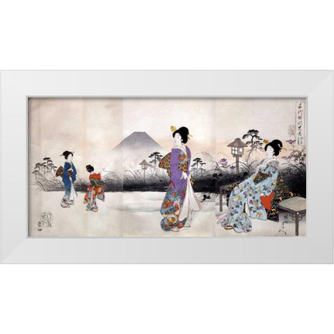 Japonaises en promenade devant le mont Fuji White Modern Wood Framed Art Print by Toyohara