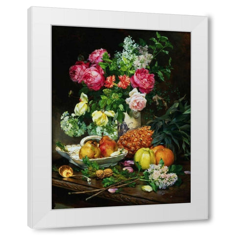Painting of Roses in a Vase, Pears in a Porcelain Bowl White Modern Wood Framed Art Print by Anonymous