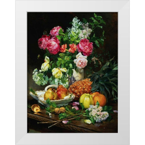 Painting of Roses in a Vase, Pears in a Porcelain Bowl White Modern Wood Framed Art Print by Anonymous