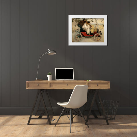 Ramon Casas and Pere Romeu in an Automobile White Modern Wood Framed Art Print by Casas, Ramon