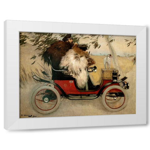 Ramon Casas and Pere Romeu in an Automobile White Modern Wood Framed Art Print by Casas, Ramon