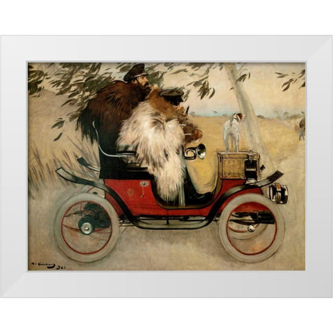 Ramon Casas and Pere Romeu in an Automobile White Modern Wood Framed Art Print by Casas, Ramon