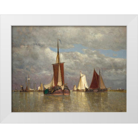 Ships lying near Dordrecht White Modern Wood Framed Art Print by Clays, Paul Jean
