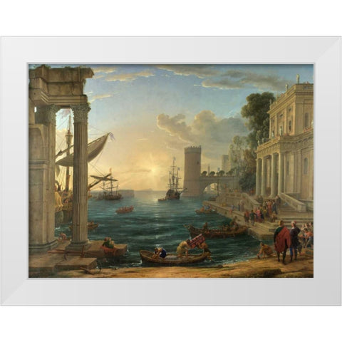 Seaport with the embarkation of the Queen of Sheba White Modern Wood Framed Art Print by Gellee, Claude