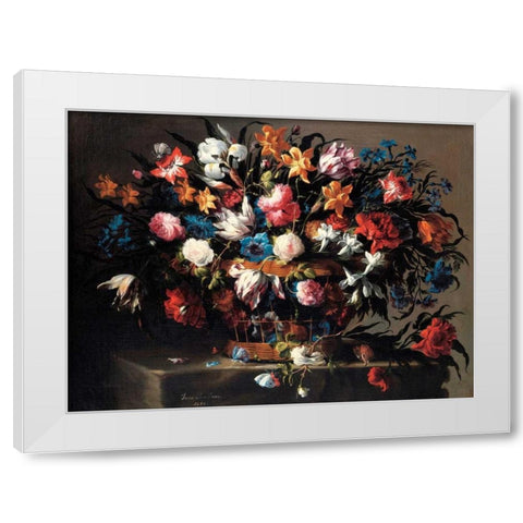 Small basket of Flowers White Modern Wood Framed Art Print by de Arellano, Juan