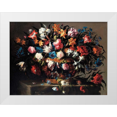 Small basket of Flowers White Modern Wood Framed Art Print by de Arellano, Juan