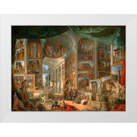 Galleria con vedute di Roma antica White Modern Wood Framed Art Print by Panini, Giovanni Paolo