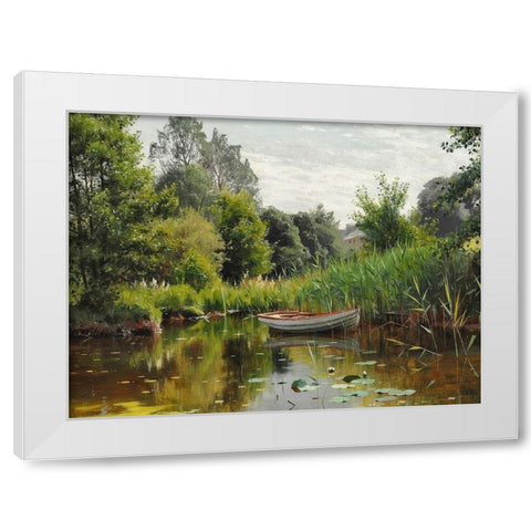 A forest lake with a rowboat White Modern Wood Framed Art Print by Monsted, Peder Mork