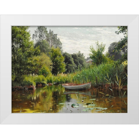 A forest lake with a rowboat White Modern Wood Framed Art Print by Monsted, Peder Mork