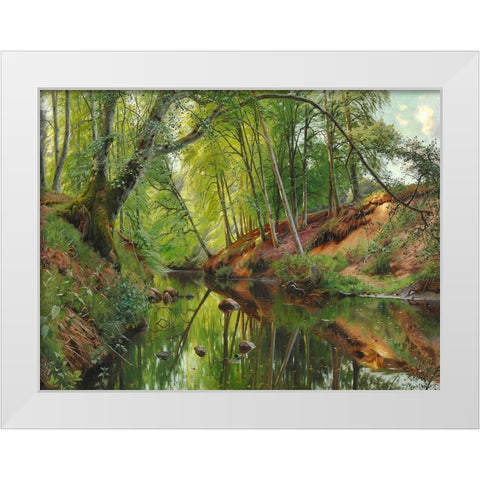 A stream in the forest White Modern Wood Framed Art Print by Monsted, Peder Mork