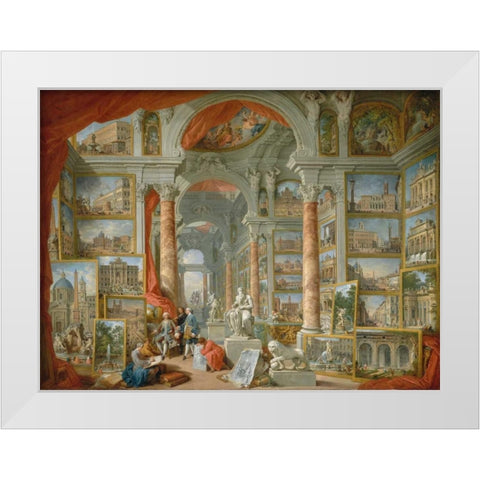 Galleria con vedute di Roma antica White Modern Wood Framed Art Print by Panini, Giovanni Paolo
