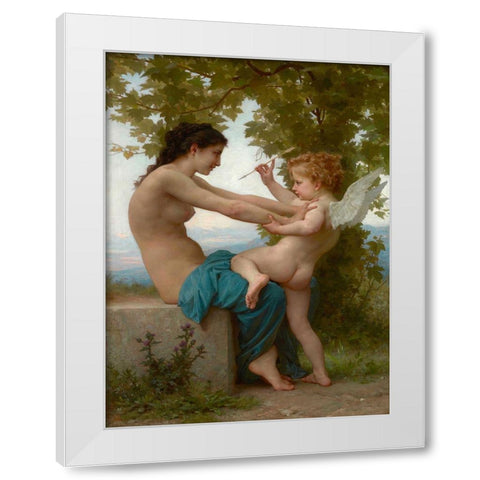 A Young Girl Defending Herself against Eros White Modern Wood Framed Art Print by Bouguereau, William-Adolphe
