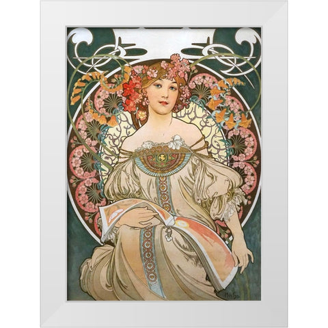 Reverie White Modern Wood Framed Art Print by Mucha, Alphonse