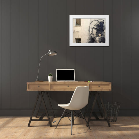 Hanover Place, Bristol (graffiti attributed to Banksy) White Modern Wood Framed Art Print by Anonymous (attributed to Banksy)