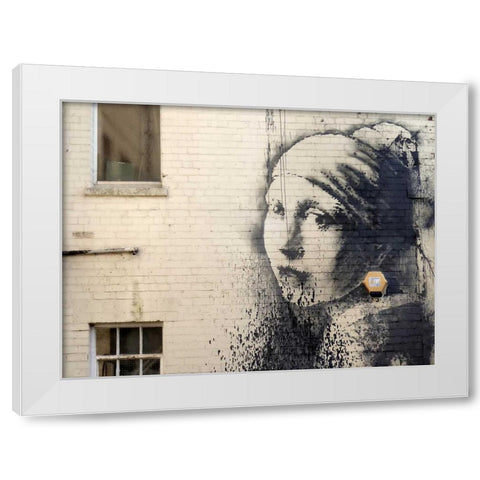 Hanover Place, Bristol (graffiti attributed to Banksy) White Modern Wood Framed Art Print by Anonymous (attributed to Banksy)