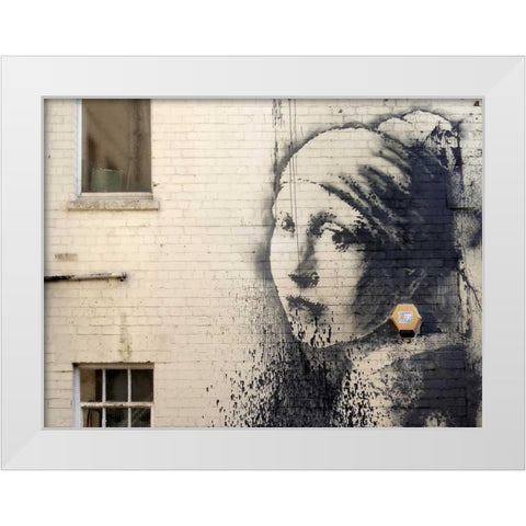 Hanover Place, Bristol (graffiti attributed to Banksy) White Modern Wood Framed Art Print by Anonymous (attributed to Banksy)