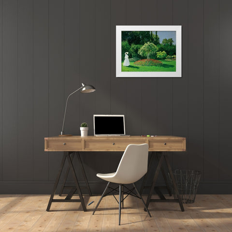 Young Woman in a Garden White Modern Wood Framed Art Print by Monet, Claude