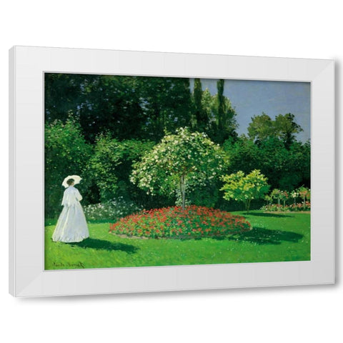 Young Woman in a Garden White Modern Wood Framed Art Print by Monet, Claude