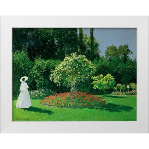 Young Woman in a Garden White Modern Wood Framed Art Print by Monet, Claude