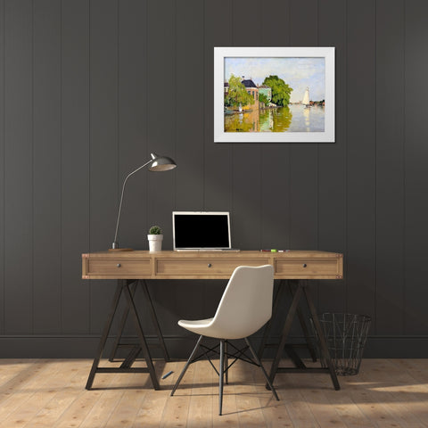 Houses on the Achterzaan White Modern Wood Framed Art Print by Monet, Claude
