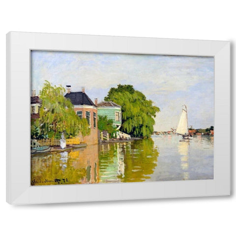 Houses on the Achterzaan White Modern Wood Framed Art Print by Monet, Claude