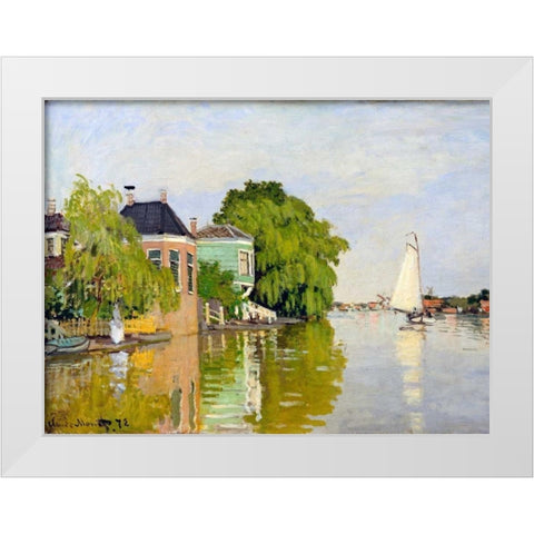 Houses on the Achterzaan White Modern Wood Framed Art Print by Monet, Claude
