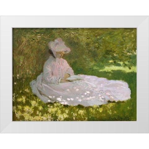 Springtime White Modern Wood Framed Art Print by Monet, Claude