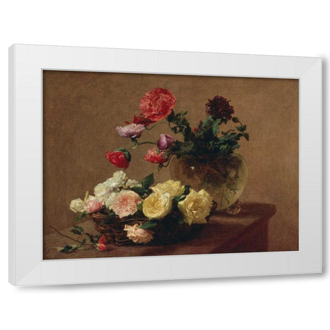 Poppies in a Crystal Vase and Roses in a Basket (detail) White Modern Wood Framed Art Print by Fantin-Latour, Henri
