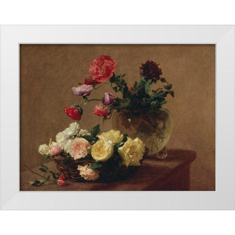 Poppies in a Crystal Vase and Roses in a Basket (detail) White Modern Wood Framed Art Print by Fantin-Latour, Henri