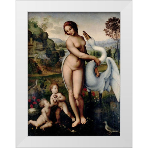 Leda and the Swan  White Modern Wood Framed Art Print by After Leonardo Da Vinci