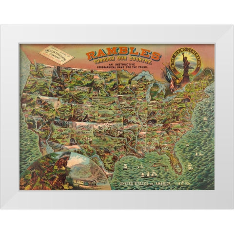 Game board with map of America, 1890 White Modern Wood Framed Art Print by Anonymous