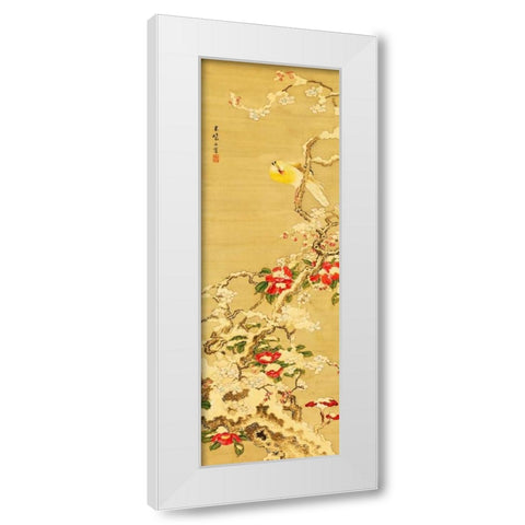 Bird among Camellias in Snow  White Modern Wood Framed Art Print by Anonymous
