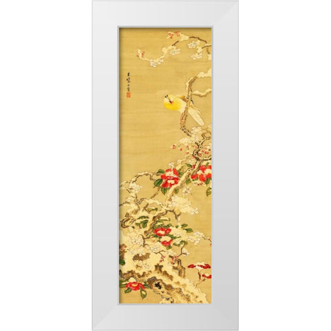 Bird among Camellias in Snow  White Modern Wood Framed Art Print by Anonymous