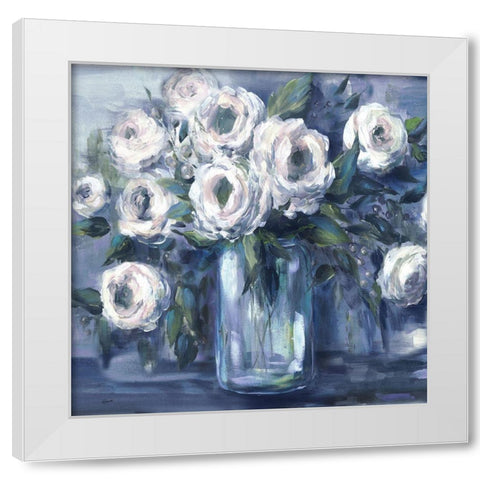 Indigo and White Blooms in Mason Jar White Modern Wood Framed Art Print by Tre Sorelle Studios