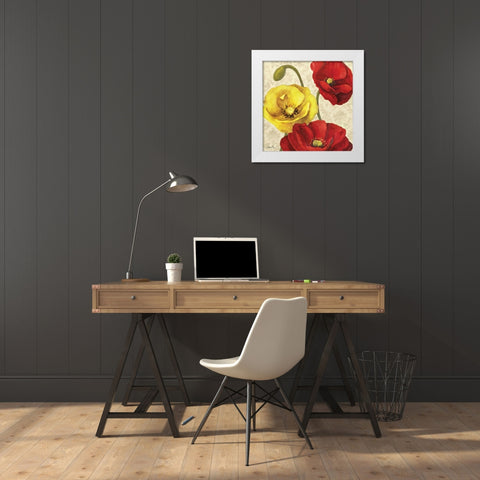 Red and Yellow Poppy Damask I White Modern Wood Framed Art Print by Milan, Vittorio