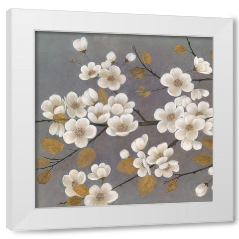 Gold Leaf Blossom Branch Square White Modern Wood Framed Art Print by Ng, Crystal