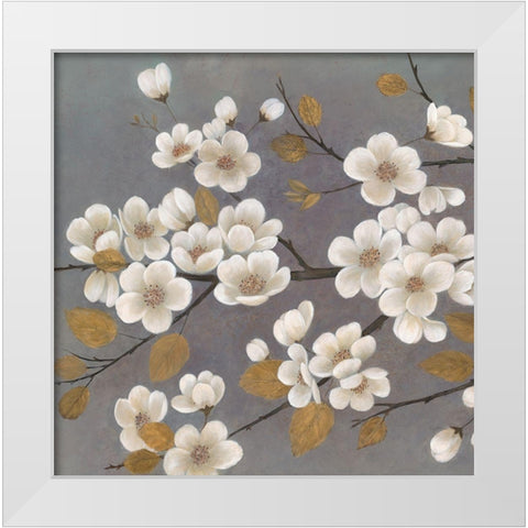 Gold Leaf Blossom Branch Square White Modern Wood Framed Art Print by Ng, Crystal