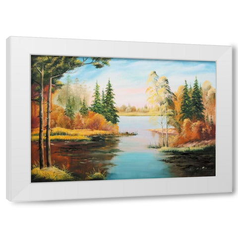 Oil forestlake IV White Modern Wood Framed Art Print by Natalia, Gusak